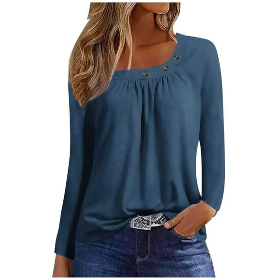 HAPIMO Women's Regular Fitted Casual Button Down Elegant Tops Pleated Tunic Solid Color Blouses Long Sleeve Tees Fashion Workout Square Neck Shirts Fall Blue XL