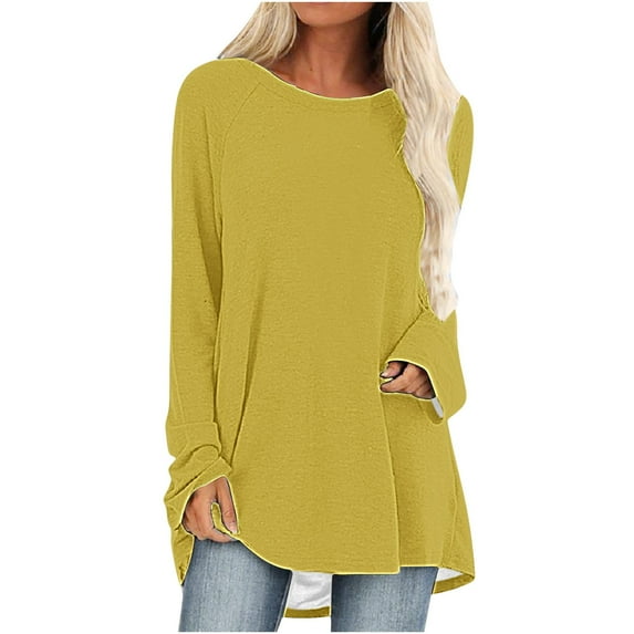 HAPIMO Women's Regular Fitted Casual Loose Basic Tops Dressy Tunic Round Neck Shirts Fall Fashion Long Sleeve Tees Workout Solid Color Blouses Yellow XXXL