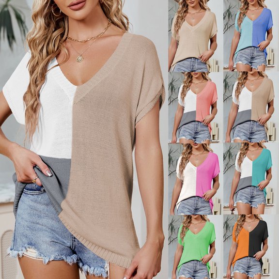 HAPIMO Women's Relaxed Color Block Patchwork Pullovers Summer Short Sleeve Tees Casual Workout Shirts Trendy V Neck Blouses Loose Plus Size Tops for Girls Blue XL