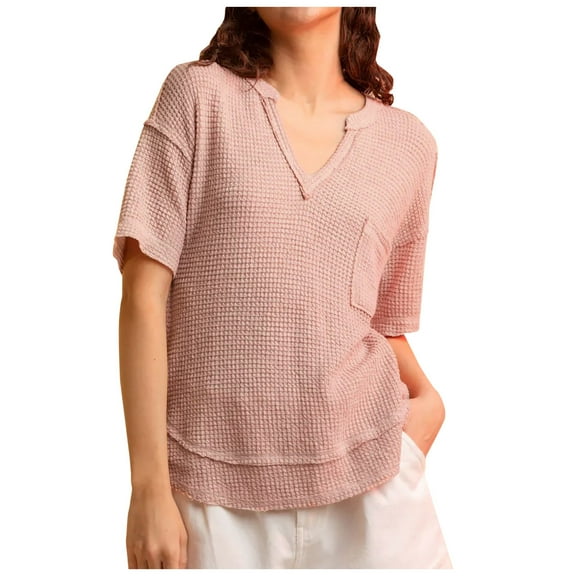HAPIMO Women's Relaxed Solid Color Pullovers Summer Loose Cotton Lined Tops Pockets V Neck Blouses Trendy Casual Workout Shirts Short Sleeve Tees for Girls Pink XL