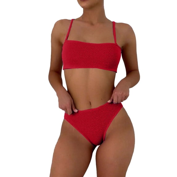 HAPIMO Women's Ribbed Bandeau Bikini Set Two Piece Bathing Suits Spaghetti Straps Top with Bottoms Summer Casual Beach Vacation Swimwear Red L
