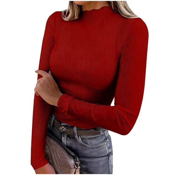 HAPIMO Women's Ribbed Knit Basic Layer Shirts Casual Dressy Office Shirts Slim Fit Soft Stretch Blouses Lettuce Trim Mock Neck Long Sleeve Tops Red XL