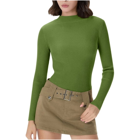 HAPIMO Women's Ribbed Knit Shirts Lightweight Slim Fit Basic Layer Blouses Daily Casual Shirts Mock Neck Long Sleeve Pullover Top Out Go Tops Army Green S