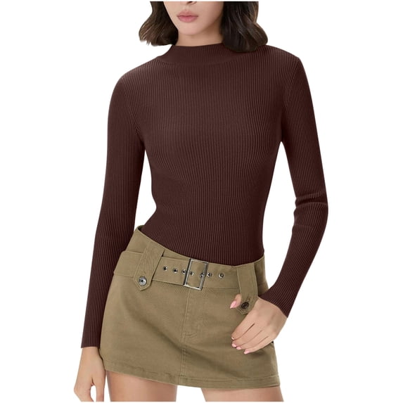 HAPIMO Women's Ribbed Knit Shirts Lightweight Slim Fit Basic Layer Blouses Daily Casual Shirts Mock Neck Long Sleeve Pullover Top Out Go Tops Coffee S