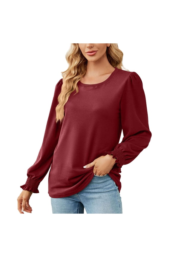 Women's Round Neck Shirts Fall Loose Basic Ruffle Tops Long Sleeve Cotton Lined Tees Regular Fitted Casual Workout Solid Color Blouses Fashion Red S