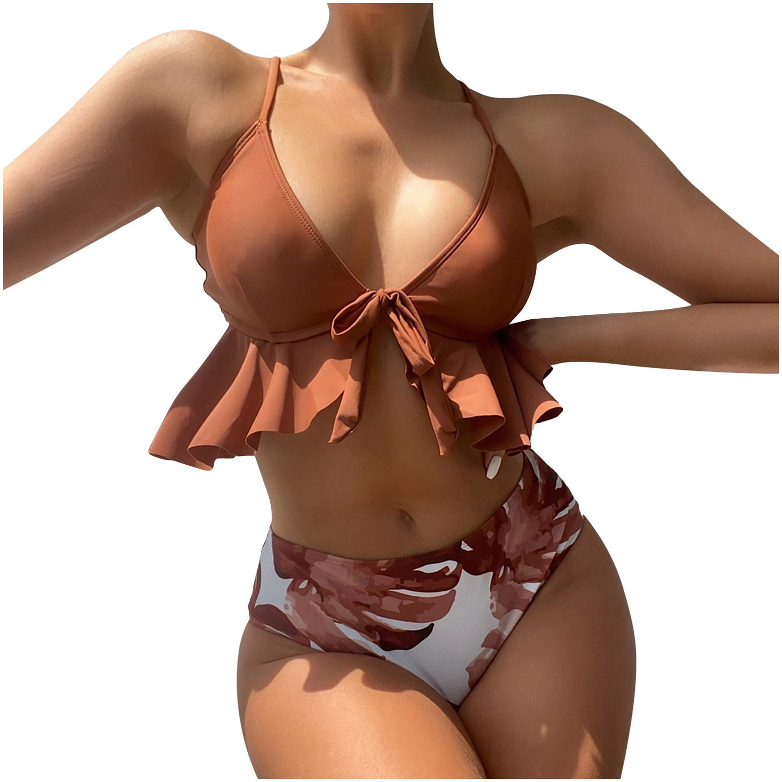 S LUKKC LUKKC Women's Plus Size Swimsuits for Women 2 Piece Floral Print  Hawaiian Bathing Suit Crop Top Ruffles Skirts High Waisted Bikini Set Tummy