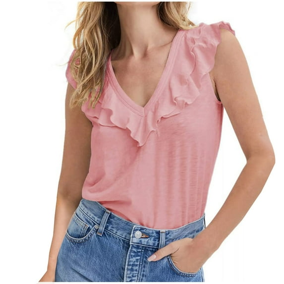 HAPIMO Women's Ruffle Pleated Tank Tops Clearance Trendy Summer Beach Tees Sleeveless Fitness V Neck Shirts Workout Casual Elegant Tops Solid Color Cotton for Teen Girls Pink