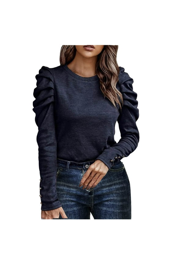 Women's Ruffle Puff Sleeve Shirts ONeck Sweatshirt Relaxed Pullover Blouse Stripe Solid Color Tops Gifts for Women Casual Slim Tee Shirt Fashion Navy XXL
