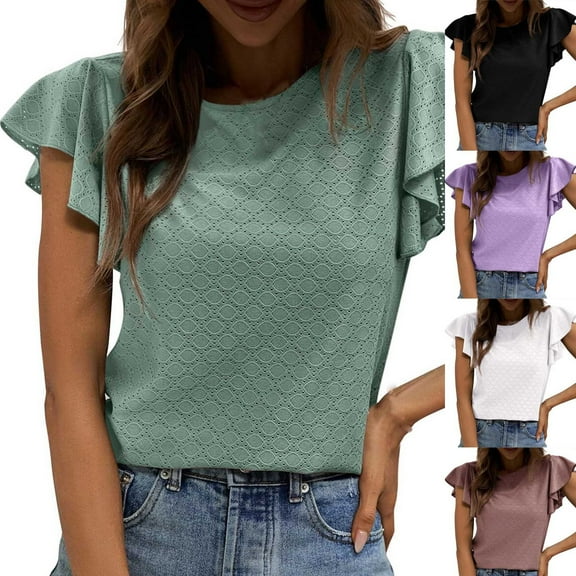 HAPIMO Women's Ruffle Sleeve Tees Loose Knitted Tops Trendy Casual Workout Shirts Round Neck Blouses Solid Color Pullovers Summer Relaxed for Girls Black XXL