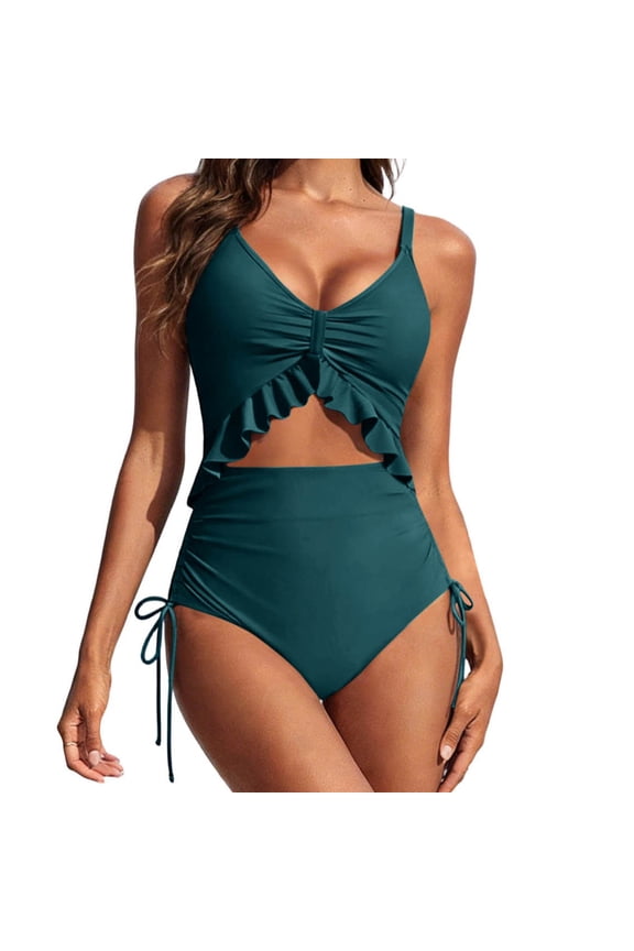 Women's Ruffled V-Neck One Piece Swimsuit Tummy Control Bathing Suit with Built-in Bra Pads Summer Flattering High Waisted Beachwear Multicolor M