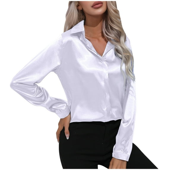 HAPIMO Women's Satin Loose Shirts Solid Color Soft Silk Tees Spring Fashion Long Sleeve Shirts Lapel Button Blouse Girls Outwear Elegant Casual Workout White M