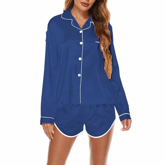 HAPIMO Women's Satin Silky Long Sleeve Sleepshirt Button Down Nightgowns Heart Casual Comfy 2 Piece Sleepwear PJs Blue L