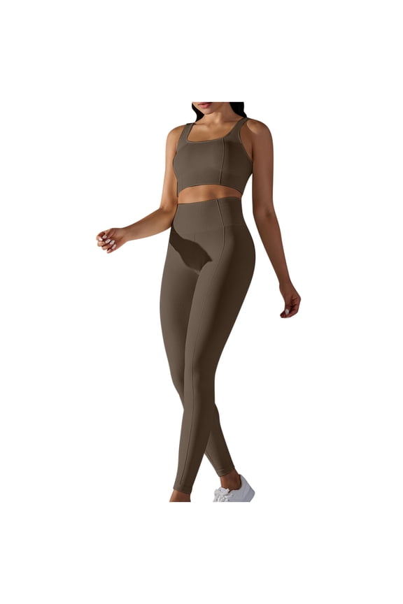 Women's Seamless Sportswear Workout Set Gym Sport Bra Tracksuit Women Clothes Two Piece Yoga High Waist Leggings Brown