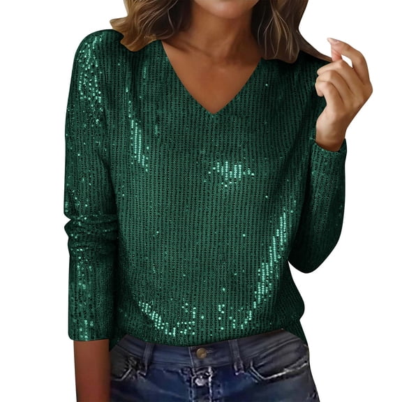 HAPIMO Women's Sequin Blouses Fashion Dressy Shirts Glitter Sparkly Party Blouse Long Sleeve V Neck Tops Casual Glitter Shirts for Evening Events Green L