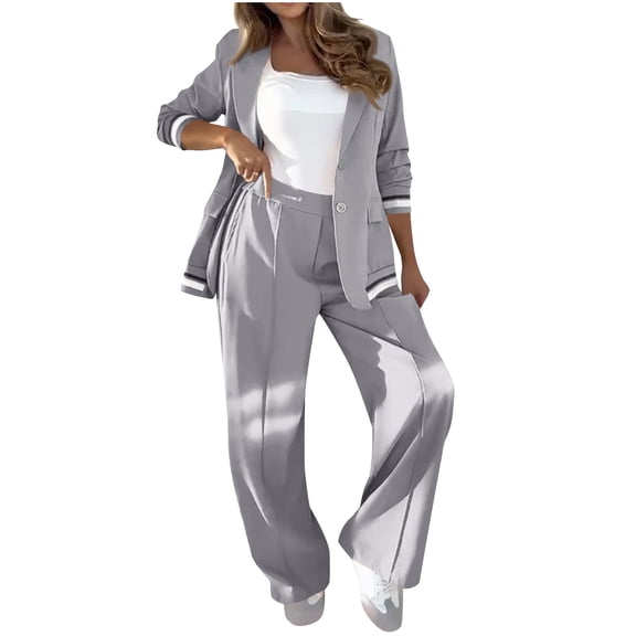 HAPIMO Women's Sets Oversized Blazer Jacket with Wide Leg Pants Long Sleeve Notch Lapel Button Down Suit Jacket Spring Fall Casual 2 Piece Outfits Gray L