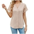 thumbnail image 1 of HAPIMO Women's Short Sleeve Tees Loose Tops Dressy Tunic Trendy Solid Color Pullovers Summer Relaxed Casual Workout Shirts V Neck Button Blouses for Girls Beige M, 1 of 7