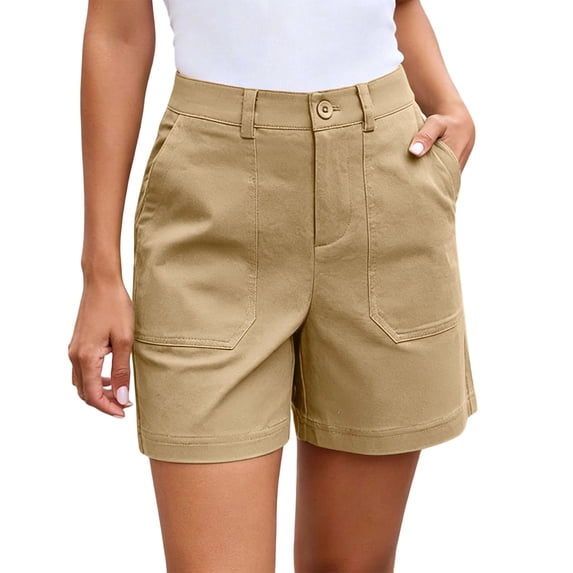 HAPIMO Women's Shorts High Waist Stretchy Fabric With Pockets Summer Style Stylish Look For Modern Fashion Needs Khaki M