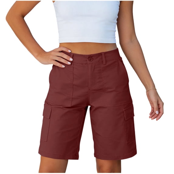 HAPIMO Women's Shorts Stretchy Fabric Button Closure With Pockets Comfy For All Day Wear Stylish Look For Modern Fashion Wine L