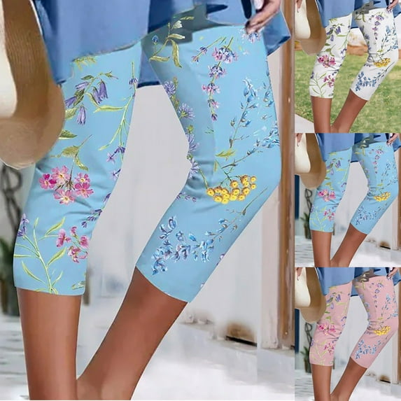 HAPIMO Women's Skinny Legging Capri Pants Elastic Waist Relaxed Trousers Fit Casual Daily Fashion Floral Blue S