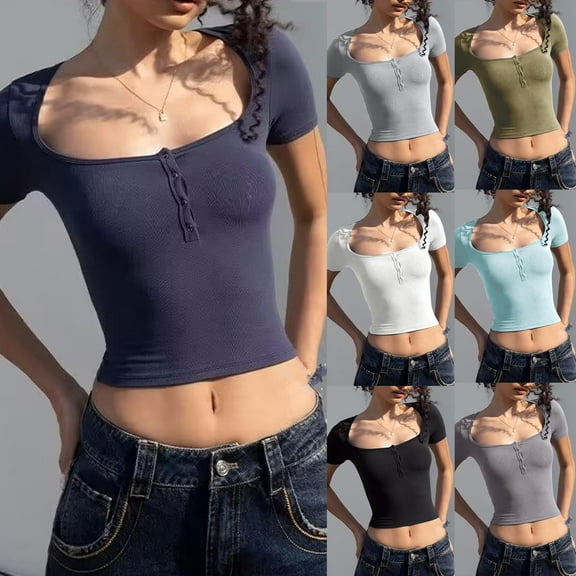 HAPIMO Women's Slim Basic Cropped Tops Cotton Summer Tees Short Sleeve Solid Color Scoop Neck Button Shirts Casual Relaxed Workout Tops for Teen Girls Trendy Green L