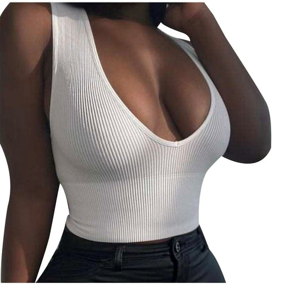 HAPIMO Women's Slim Basic Tank Crop Tops Sleeveless Fitness Summer Beach Tees Solid Color Deep V Neck Shirts Workout Casual Ribbed Sports Yoga Tops for Teen Girls White