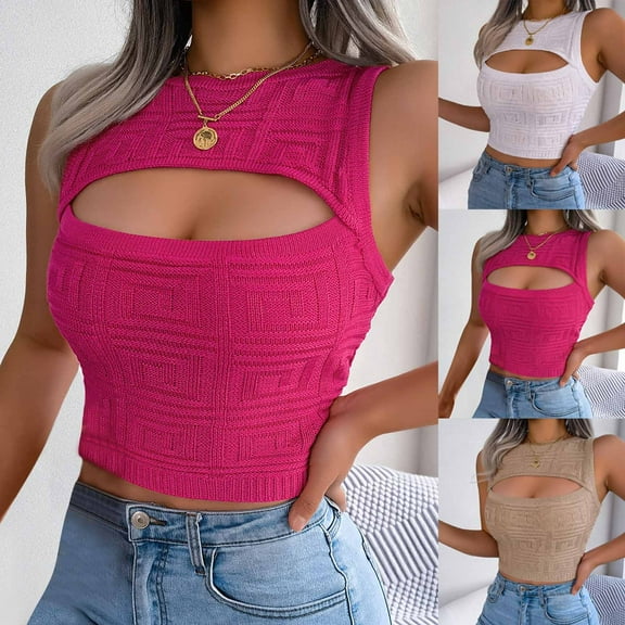 HAPIMO Women's Slim Basic Tank Crop Tops Summer Beach Tees Cutout Hollow Out Sleeveless Workout Shirts Crew Neck Casual Relaxed Tops for Girls Trendy Pink