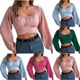 thumbnail image 1 of HAPIMO Women's Slim Chiffon Shirts Vacation Fashion Workout Cropped Tops Casual Elegant Square Neck Pleated Pullovers Lantern Sleeve Business Tees Outfits Green L, 1 of 8