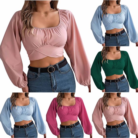HAPIMO Women's Slim Chiffon Shirts Vacation Fashion Workout Cropped Tops Casual Elegant Square Neck Pleated Pullovers Lantern Sleeve Business Tees Outfits Green L
