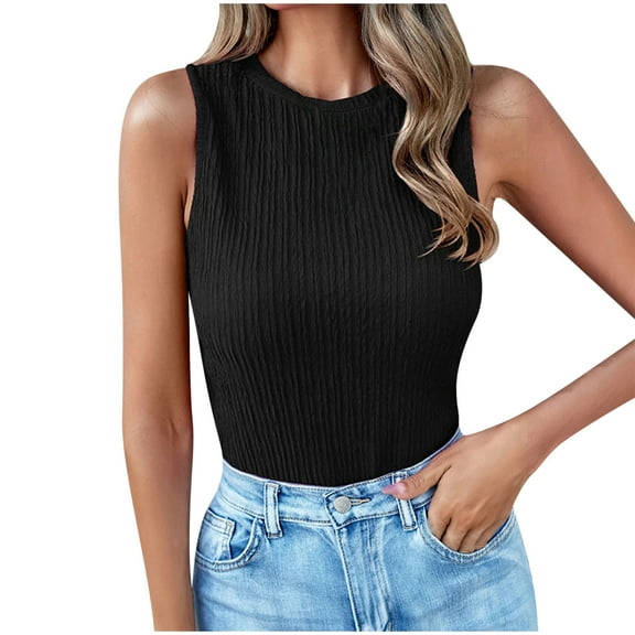 HAPIMO Women's Slim Pleated Basic Tank Tops Summer Beach Tees Sleeveless Workout Shirts Crew Neck Casual Relaxed Tops for Teen Girls Trendy Solid Color Black