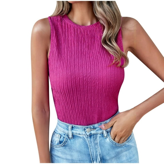 HAPIMO Women's Slim Pleated Basic Tank Tops Summer Beach Tees Sleeveless Workout Shirts Crew Neck Casual Relaxed Tops for Teen Girls Trendy Solid Color Pink