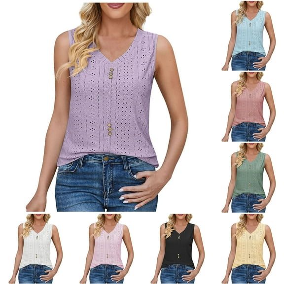 HAPIMO Women's Slim Tank Tops Tunic Summer Beach Tees Sleeveless Fitness V Neck Button Shirts Workout Casual Elegant Tops for Teen Girls Trendy Solid Color Eyelet Black