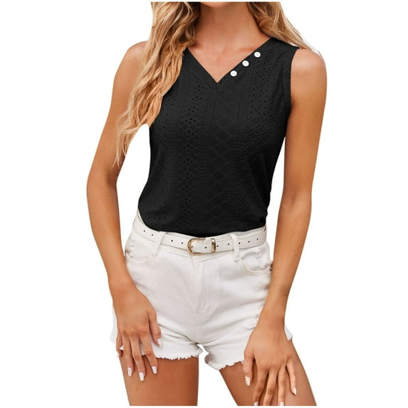 HAPIMO Women's Slim Tank Tops Tunic Summer Beach Tees V Neck Button Shirts for Teen Girls Trendy Solid Color Sleeveless Fitness Workout Casual Elegant Tops Black
