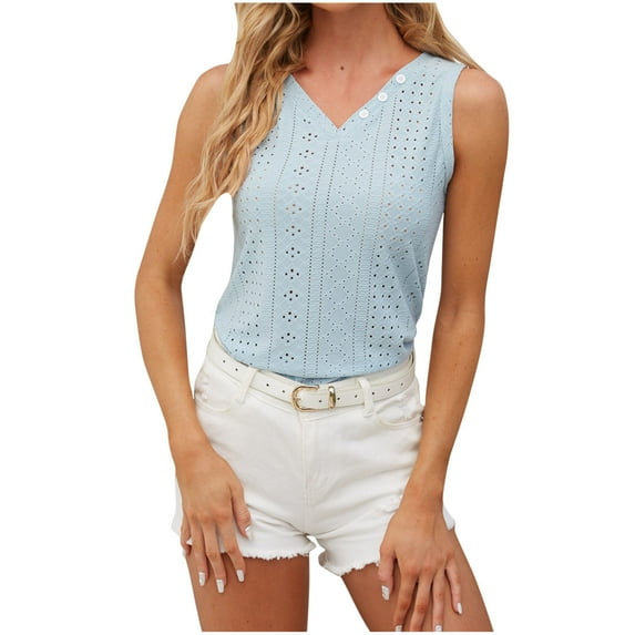HAPIMO Women's Slim Tank Tops Tunic Summer Beach Tees V Neck Button Shirts for Teen Girls Trendy Solid Color Sleeveless Fitness Workout Casual Elegant Tops Blue