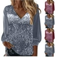 thumbnail image 1 of HAPIMO Women's Slim Tops Dressy Tunic Long Sleeve Shirts Fashion Spring V Neck Blouse Casual Relaxed Elegant Girls Solid Color Sequins Splicing Tees Pink XL, 1 of 8