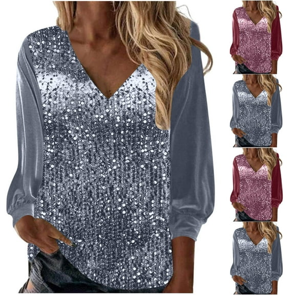HAPIMO Women's Slim Tops Dressy Tunic Long Sleeve Shirts Fashion Spring V Neck Blouse Casual Relaxed Elegant Girls Solid Color Sequins Splicing Tees Pink XL