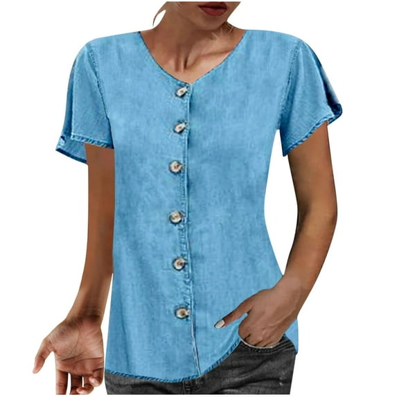 HAPIMO Women's Solid Color Pullovers Summer Loose Tops Relaxed Trendy V Neck Button Blouses Short Sleeve Tees Casual Workout Shirts for Girls Blue XXXL