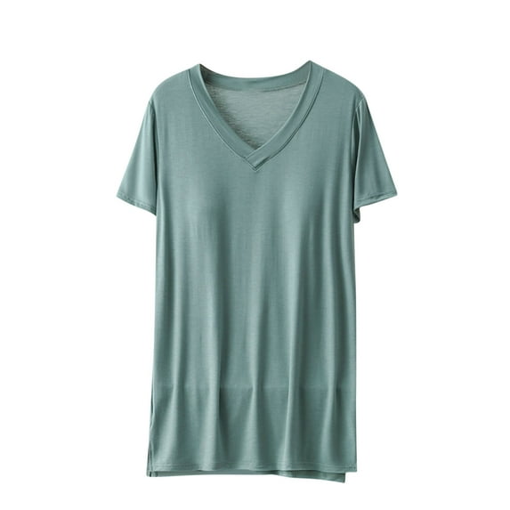 HAPIMO Women's Solid Color Pullovers Summer V Neck Blouses Relaxed Loose Cotton Lined Padded Tops Casual Workout Pajamas Shirts Trendy Short Sleeve Tees Green XL