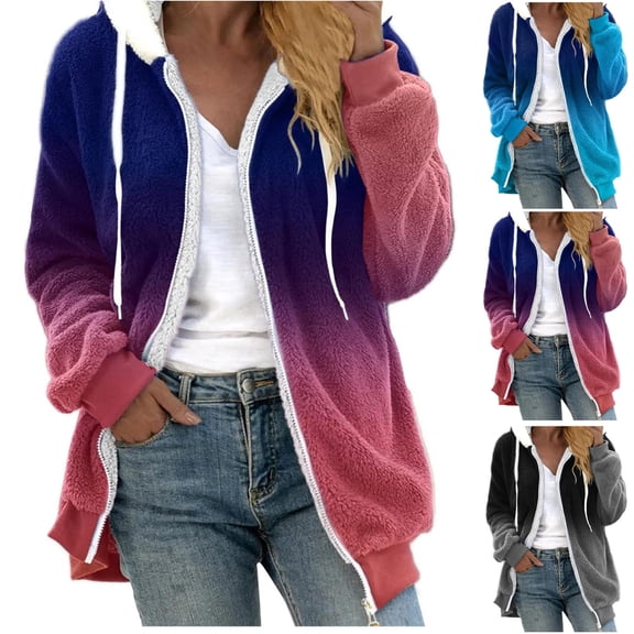 HAPIMO Women's Solid Color Soft Fleece Coat Zip Up Hoodie Fall Long Sleeve Outwear Pockets Loose Flannel Jackets Fashion Winter Outfits Casual Woolen Coat Black M