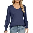 thumbnail image 1 of HAPIMO Women's Solid Color Tops Elegant Workout Loose Shirts Vacation Long Sleeve Tees Outfits V Neck Pleated Pullovers Fashion Casual Cotton Linen Blue S, 1 of 8