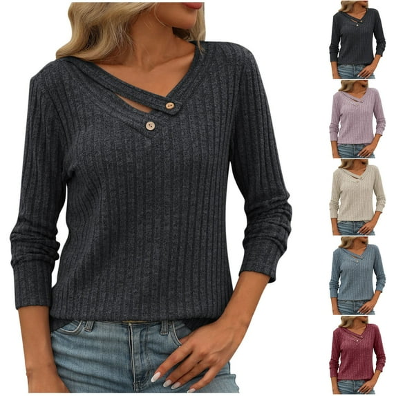 HAPIMO Women's Solid Color Tops Workout Fashion Casual Ribbed Loose Knitted Shirts Vacation Long Sleeve Tees Outfits V Neck Button Pullovers Beige L