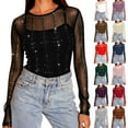 thumbnail image 1 of HAPIMO Women's Sparkly Sequin Mesh Long Sleeve Tops Lightweight Stretchy Shirts Crew Neck Sheer Blouses Party Night See Through Sequin Tops Coffee S, 1 of 10