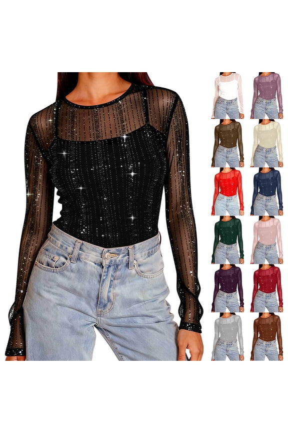 Women's Sparkly Sequin Mesh Long Sleeve Tops Lightweight Stretchy Shirts Crew Neck Sheer Blouses Party Night See Through Sequin Tops Coffee S