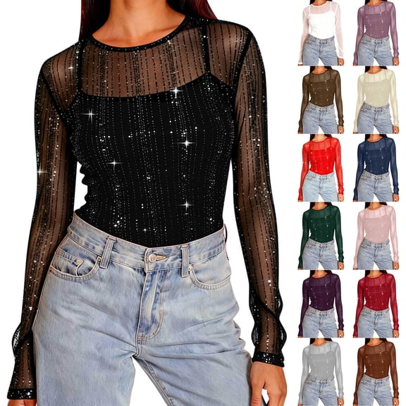 HAPIMO Women's Sparkly Sequin Mesh Long Sleeve Tops Lightweight Stretchy Shirts Crew Neck Sheer Blouses Party Night See Through Sequin Tops Gray S