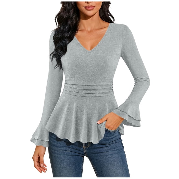 HAPIMO Women's Sparkly Tops Ruffled Sleeve V Neck Tops Dressy Blouses Slim Fit Lightweight Glitter Shirts Ruched Waist Ruffle Hem Blouse Elegant Casual Shirts Gray XL