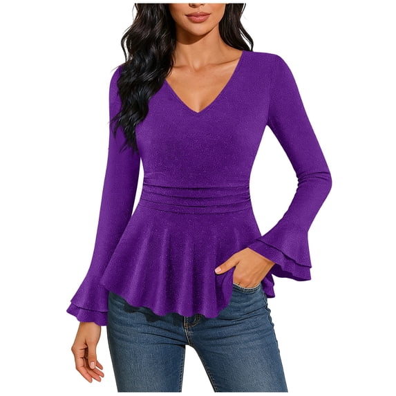 HAPIMO Women's Sparkly Tops Ruffled Sleeve V Neck Tops Dressy Blouses Slim Fit Lightweight Glitter Shirts Ruched Waist Ruffle Hem Blouse Elegant Casual Shirts Purple XL