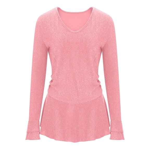 HAPIMO Women's Sparkly Tops Ruffled Sleeve V Neck Tops Dressy Blouses Slim Fit Lightweight Glitter Shirts Ruched Waist Ruffle Hem Blouse Elegant Casual Shirts Pink XXL