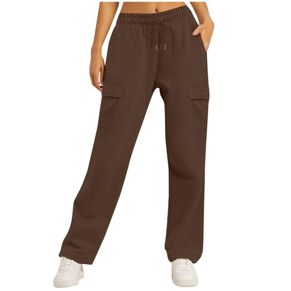 HAPIMO Women's Sports Activewear Loose Cargo Pants for Girls High Waist Straight Leg Pants Fall Workout Sweatpants Drawstring Teens Casual Trousers Pockets Spring Brown L