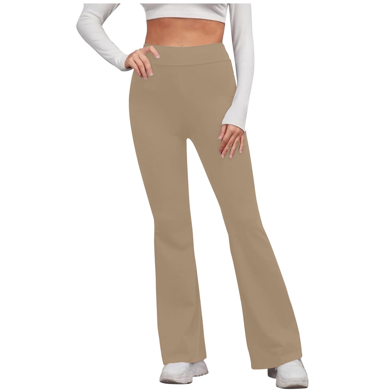 HAPIMO Women's Sports Yoga Leggings Flare Pants Summer Discount Stretch Fit  Solid Trousers for Girls Fashion Sale High Elastic Waist Breathable Khaki XL  