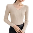 thumbnail image 1 of HAPIMO Women's Stretch Knit Tops Slim Fit Cropped Shirts Lightweight Casual Workout Blouses Long Sleeve V Neck Pullover Tops Khaki Free Size, 1 of 7
