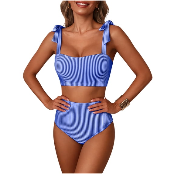 HAPIMO Women's Striped Bikini Set Tie Shoulder High Waisted Two Piece Bathing Suits Retro Modest Slim Fit Swimsuits for Summer Beach Pool Vacation Blue XXL